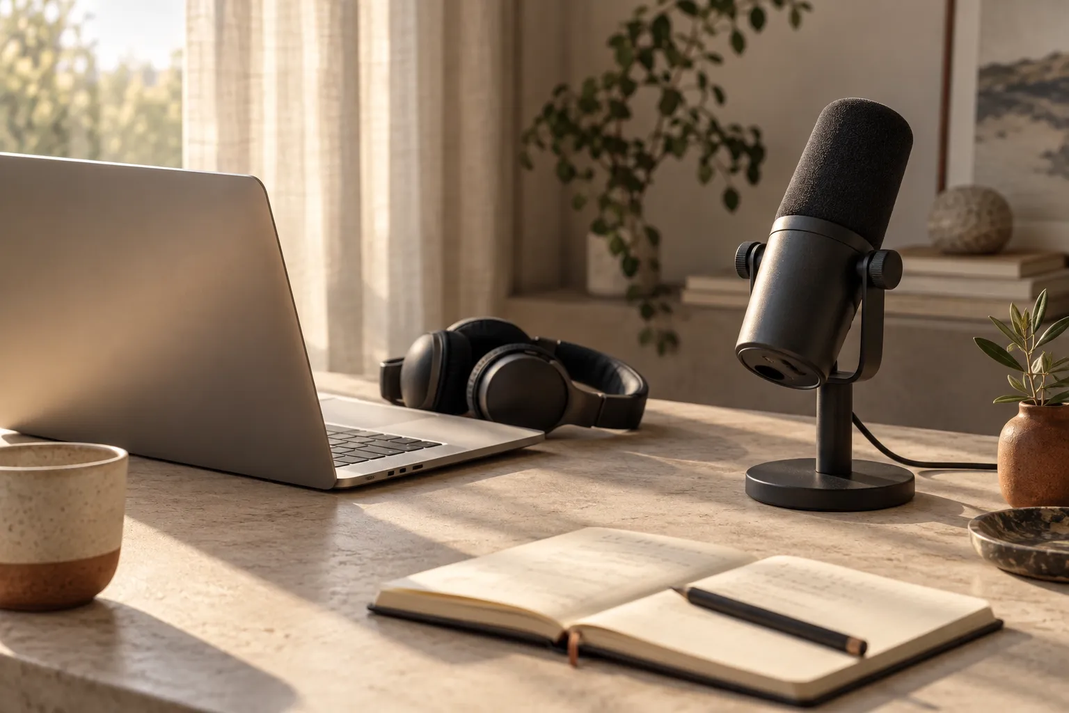 A microphone, laptop and notebook in a quiet recording workspace